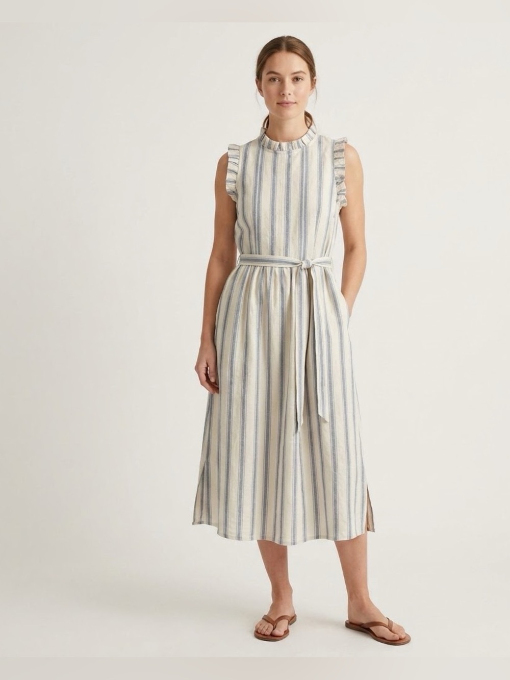 Sleeveless Striped Midi 100% cotton Dress with Tie Belt - Blue and Cream